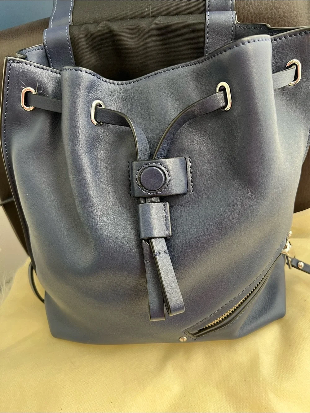 Marc Jacobs Navy Leather Drawstring Backpack with Zipper Details